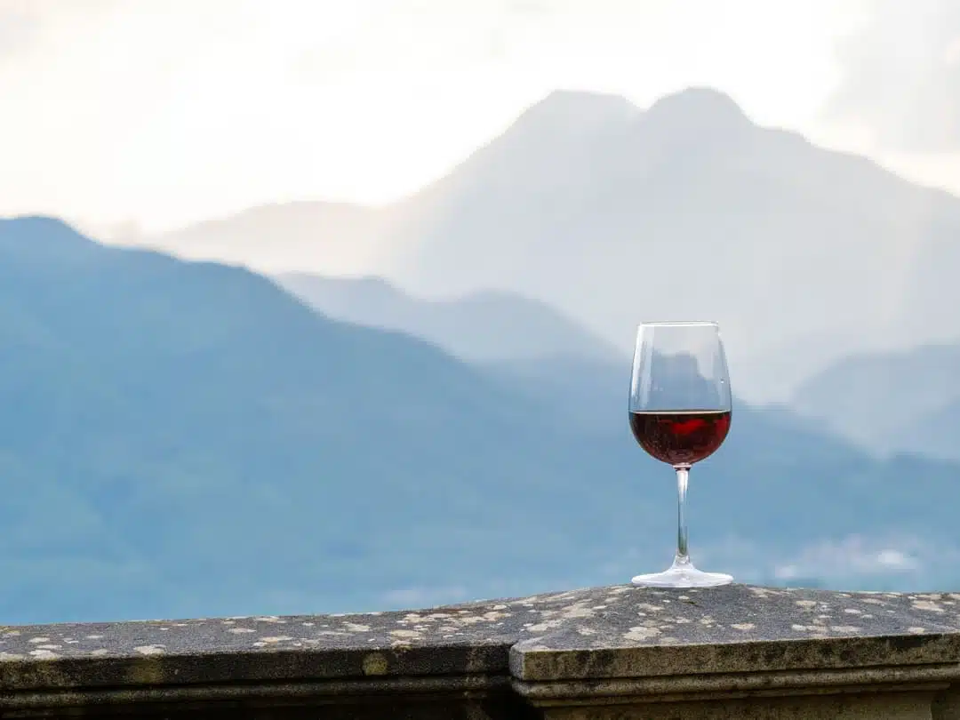 wine glass and mountains