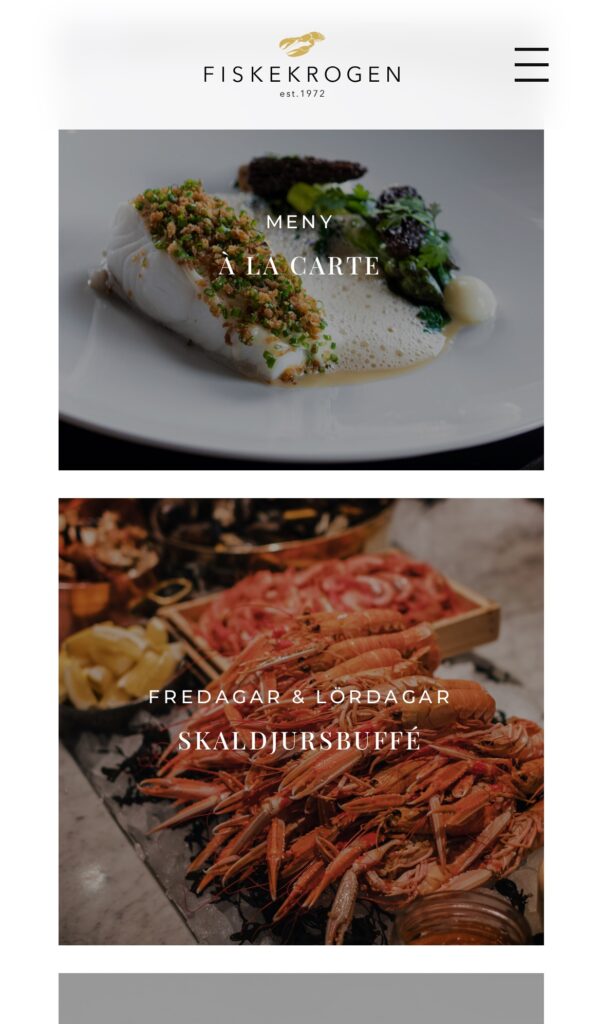 Fiskekrogen website on mobile: à la carte and seafood buffet