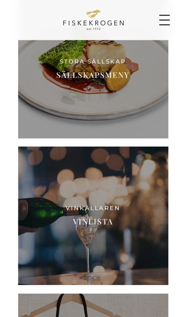 Fiskekrogen website on mobile: group menu and wine list