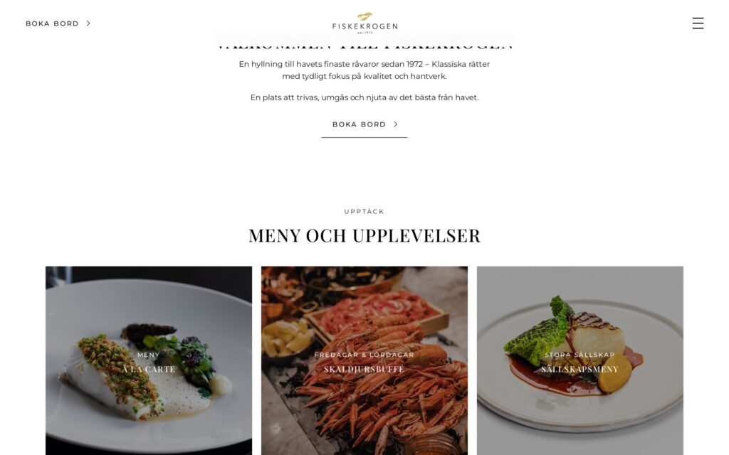 Fiskekrogen website: menu and experiences