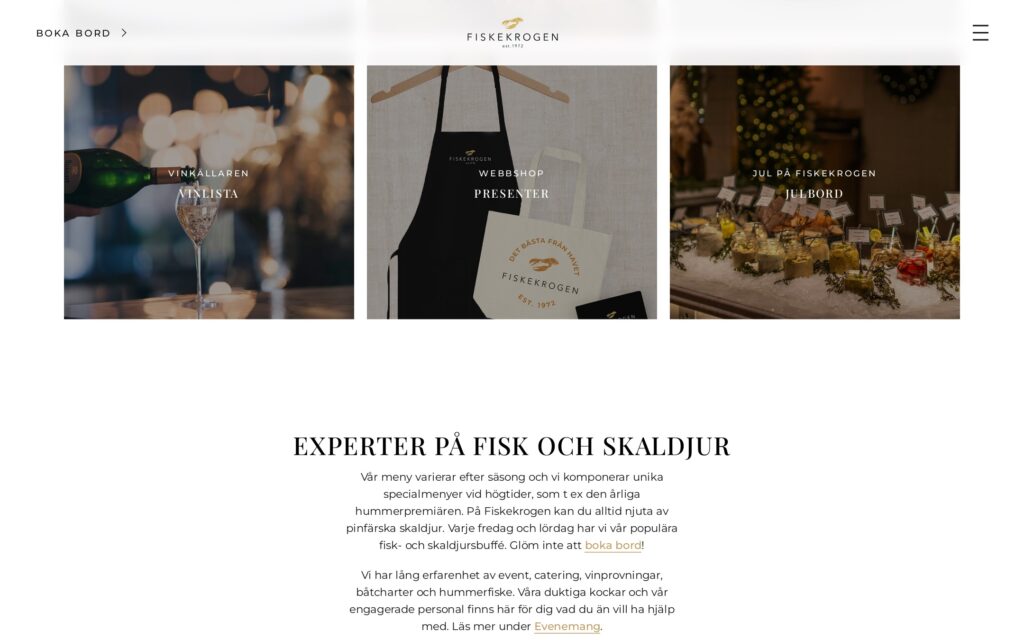 Fiskekrogen website: wine list, gifts and Christmas buffet